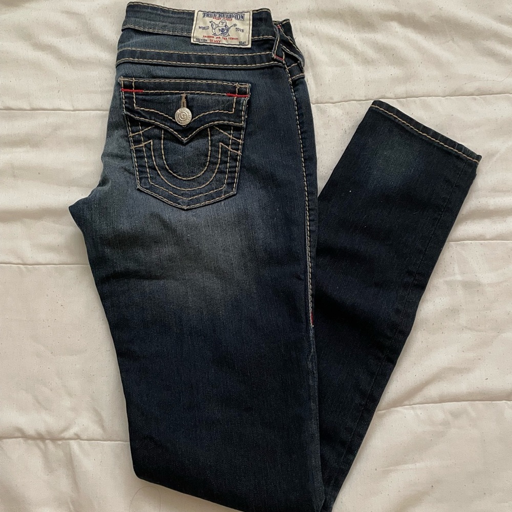 Dark Wash True Religion Skinny Jeans w/ Tan Stitching Detail